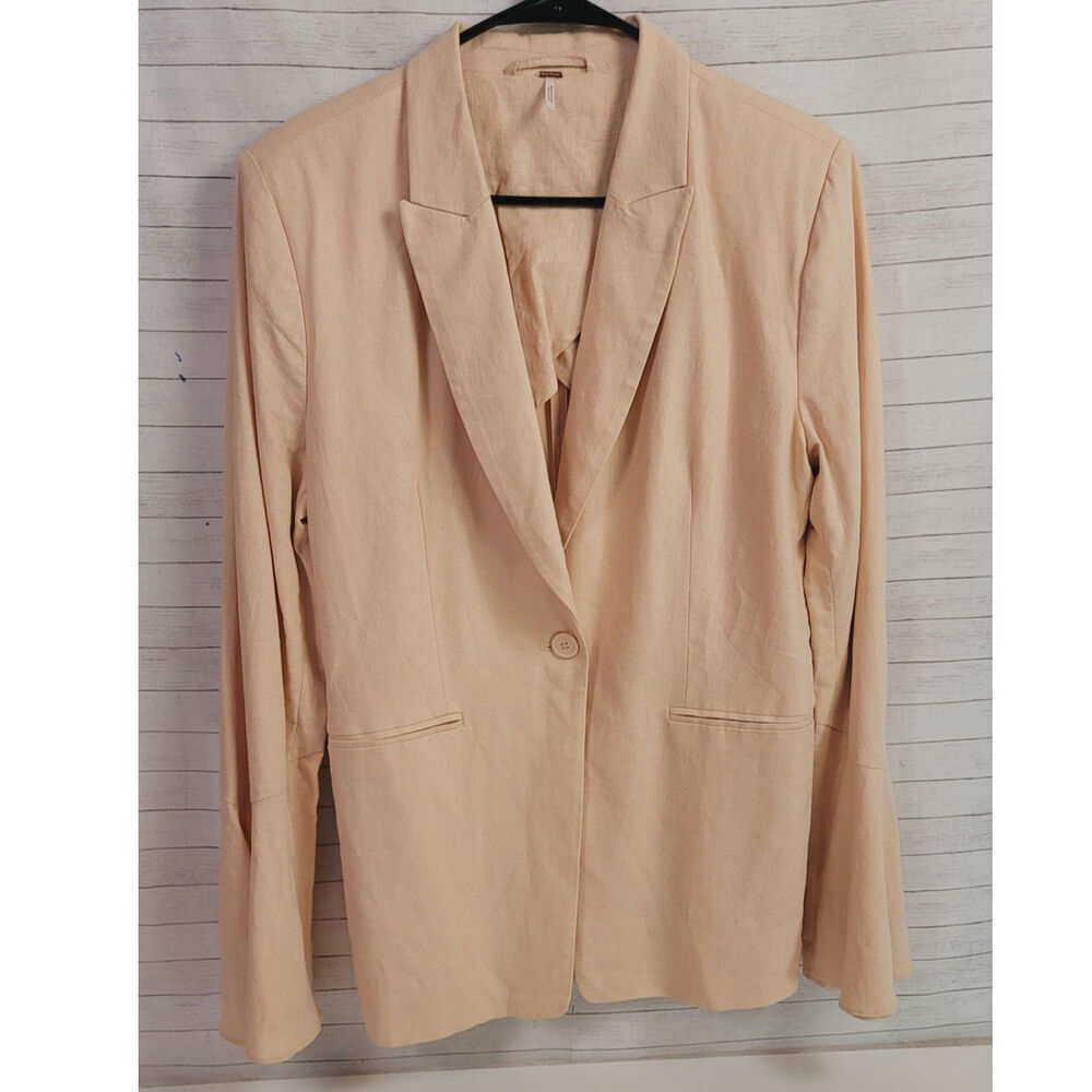 Free People Linen Blend Flared Sleeve One Button Blazer in Peach Rose, sz Large